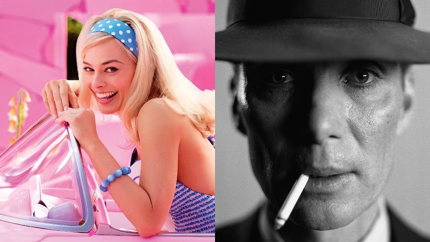 Margot Robbie in a still from the Barbie movie sitting in a pink car, next to a close up of Cillian Murphy as Oppenheimer wearing a hat and smoking a cigarette